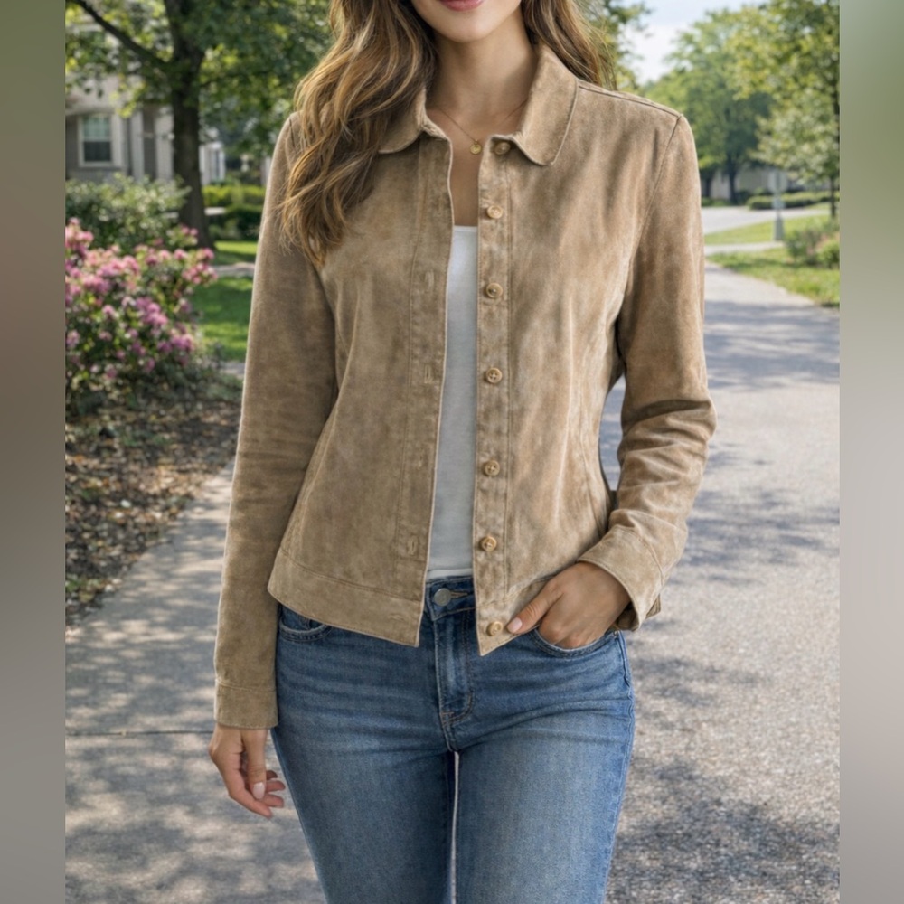 Issac Mizrahi Suede Tan Leather Jacket Shirt Shacket Women’s Size XL